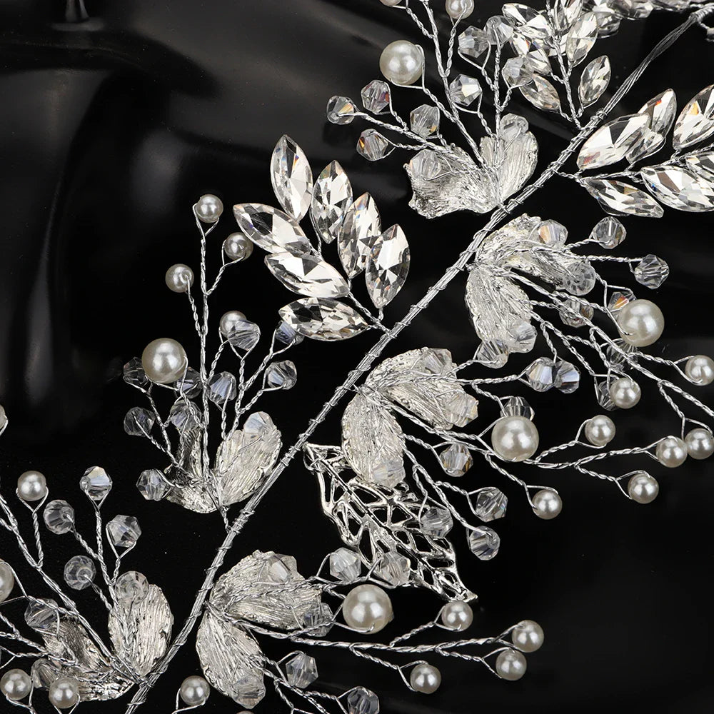 Women Silver Leaf Rhinestones Heabdand Wedding Hair Jewelry Bridal Hair Accessories for Bride Women
