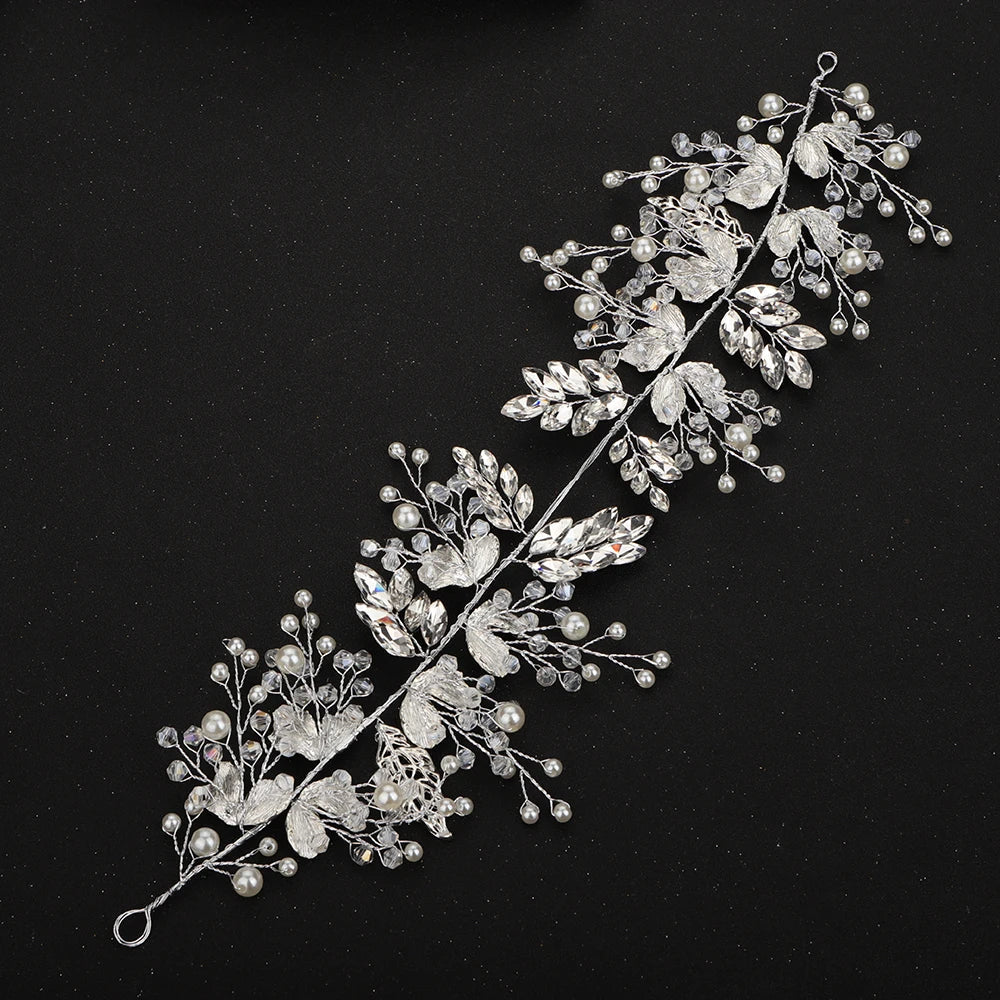 Women Silver Leaf Rhinestones Heabdand Wedding Hair Jewelry Bridal Hair Accessories for Bride Women
