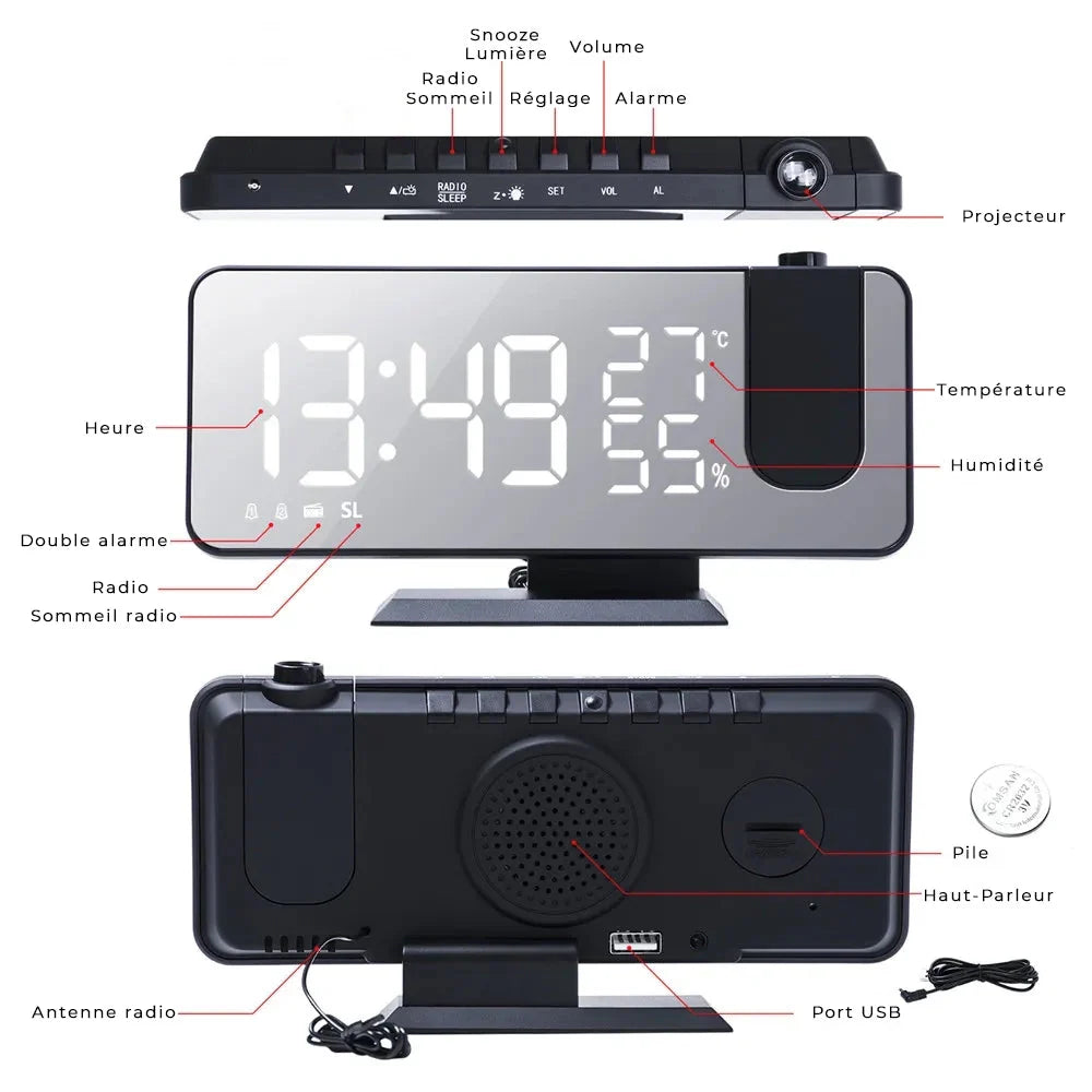 Radio réveil projecteur et température
