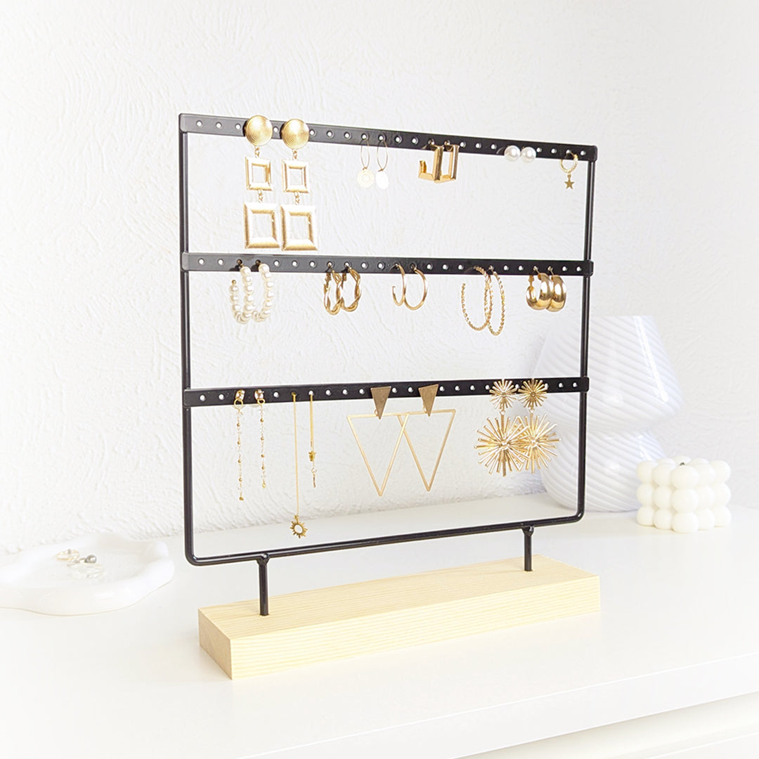 Porte-boucles d’oreilles à 3 rangées en métal et bois