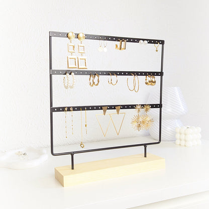 Porte-boucles d’oreilles à 3 rangées en métal et bois