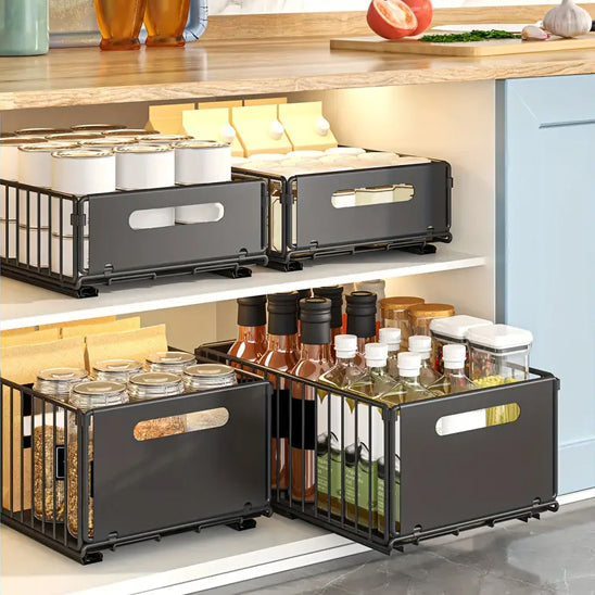 Tiroir de rangement coulissant avec poignée, pour étagère et armoire de cuisine