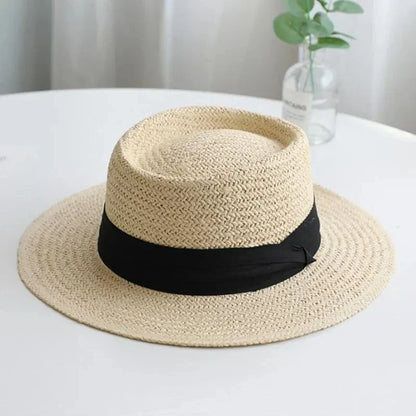Chapeau de Paille Style Canotier – Bord Plat et Ruban