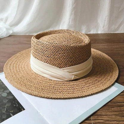 Chapeau de Paille Style Canotier – Bord Plat et Ruban