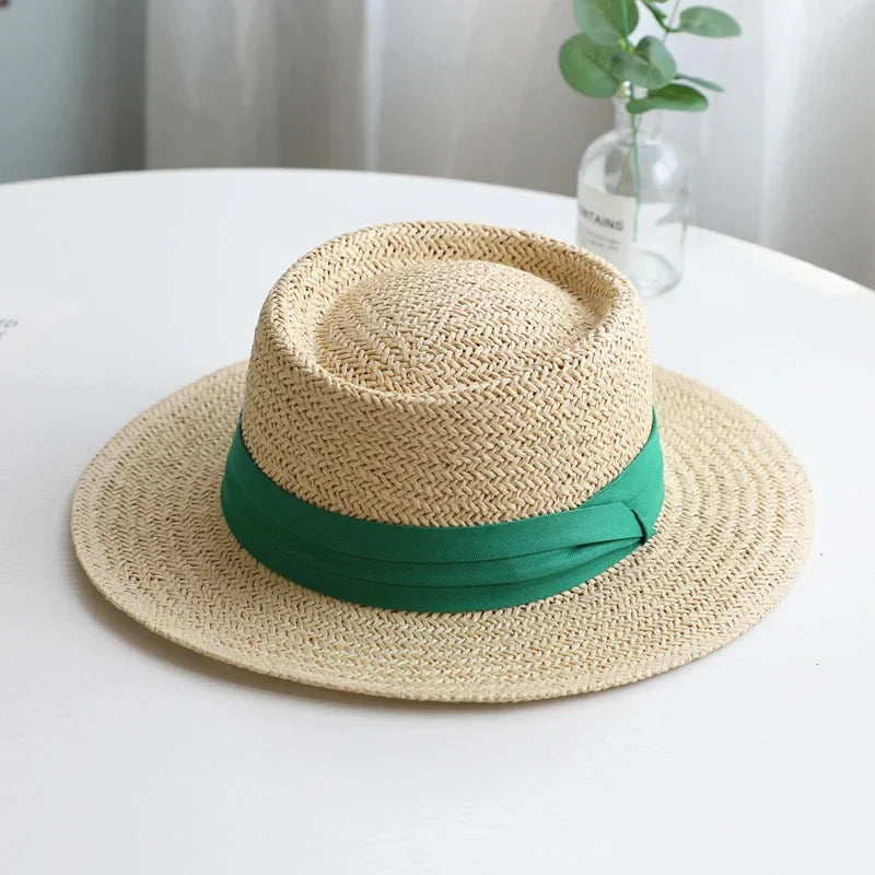Chapeau de Paille Style Canotier – Bord Plat et Ruban