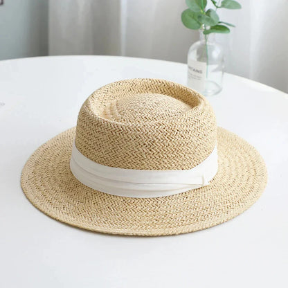 Chapeau de Paille Style Canotier – Bord Plat et Ruban