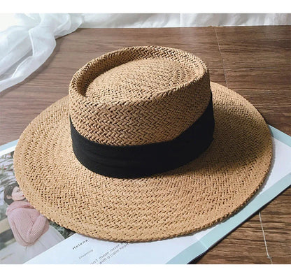 Chapeau de Paille Style Canotier – Bord Plat et Ruban