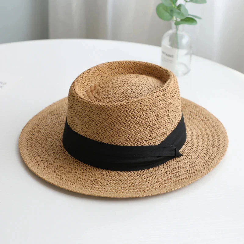 Chapeau de Paille Style Canotier – Bord Plat et Ruban