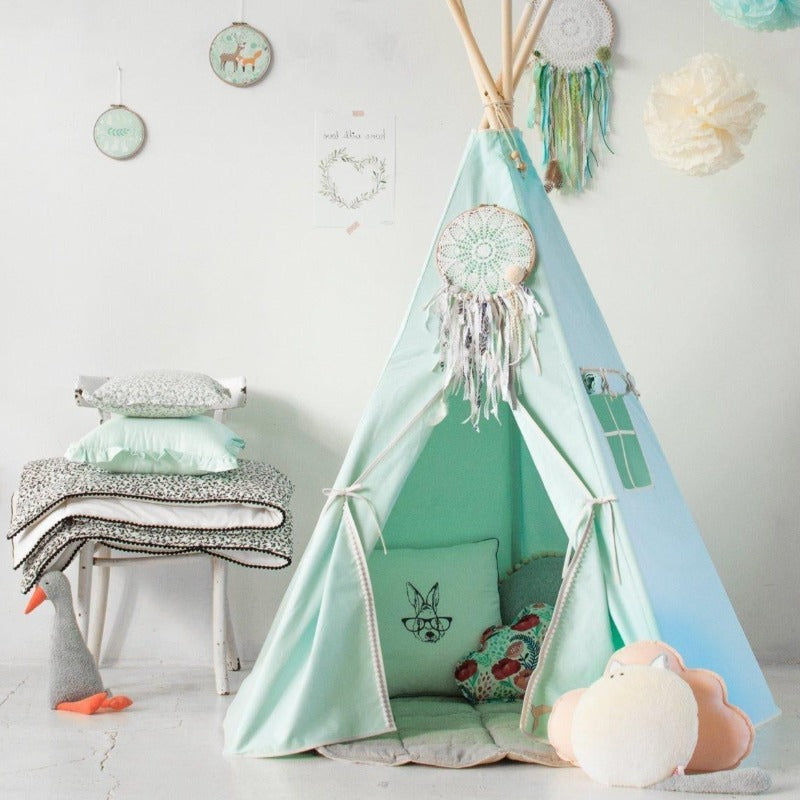 Tente Tipi Mint Fog avec Pompons