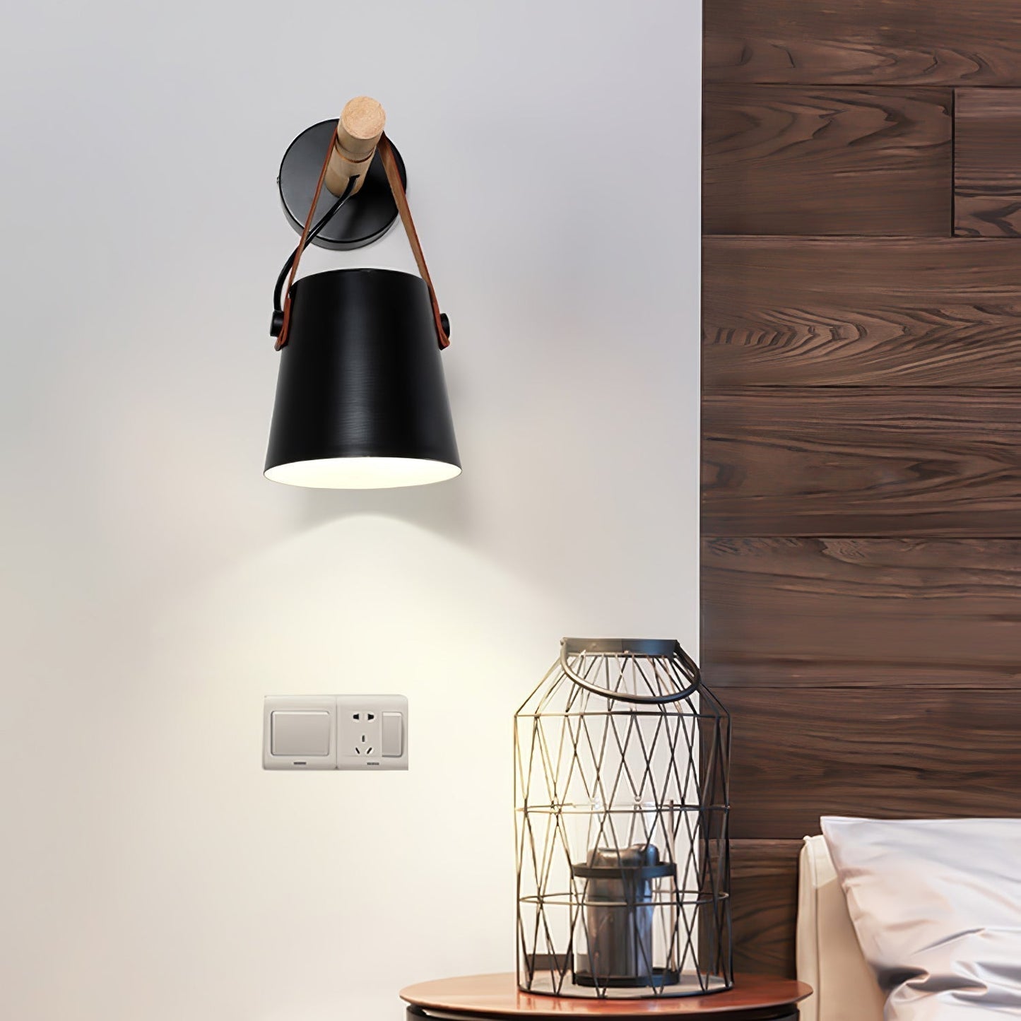 Applique Murale Scandinave en Bois et Cuir – Design Élégant avec Lumière LED Efficace