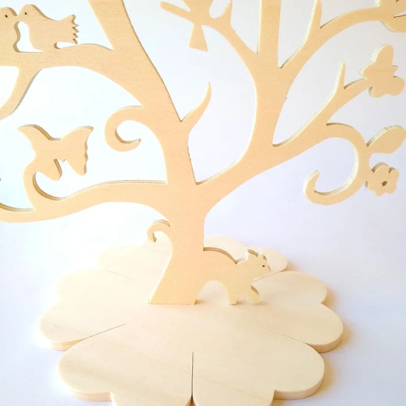 Arbre à bijoux fleurs et oiseaux en bois de peuplier