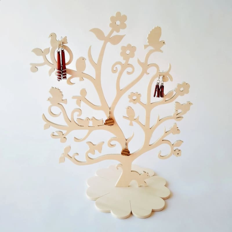 Arbre à bijoux fleurs et oiseaux en bois de peuplier