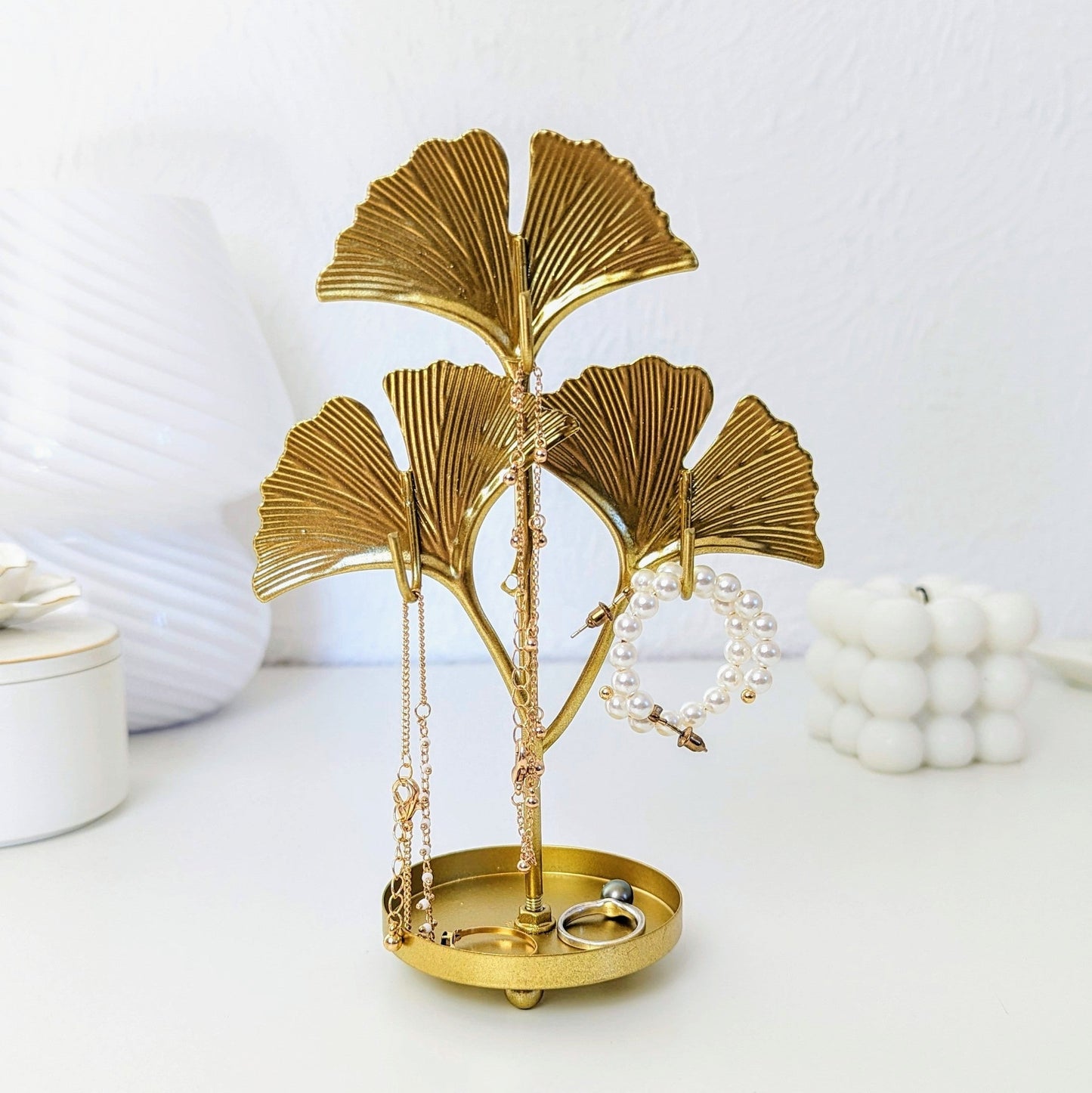 Arbre à bijoux ginko feuilles dorées en métal