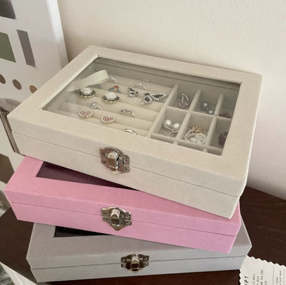 Boîte à bijoux vitrée compartimentée en velours