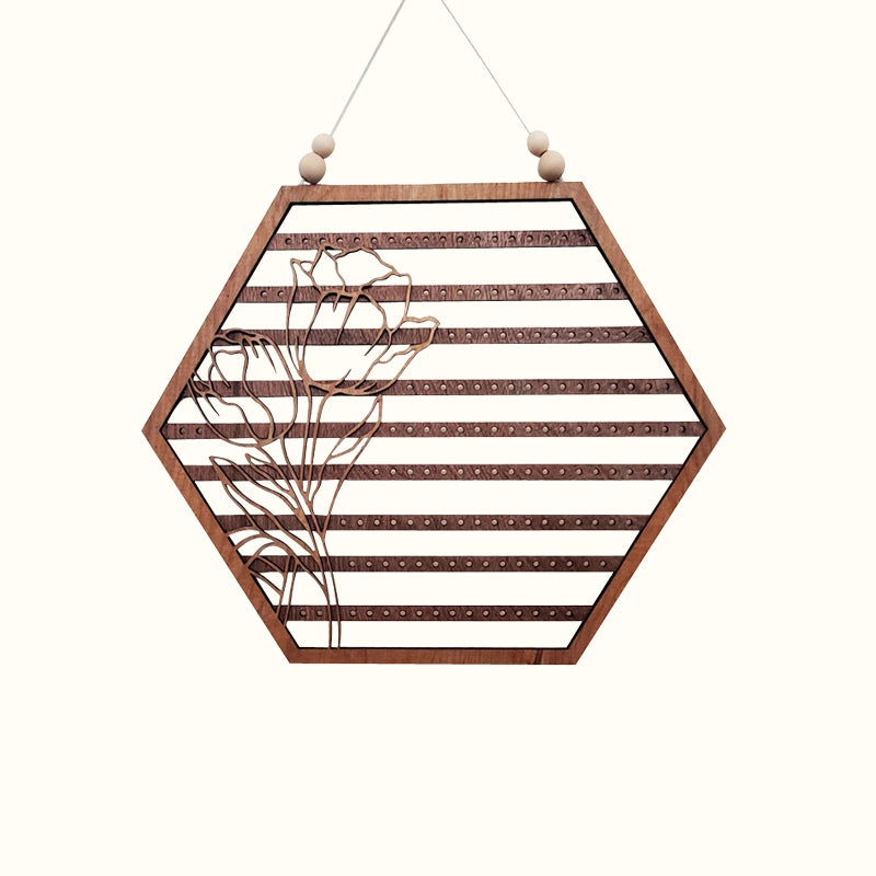 Porte-boucles d'oreilles hexagone fleuri en bois