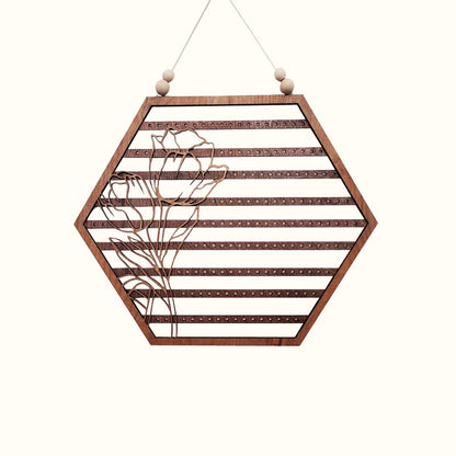 Porte-boucles d'oreilles hexagone fleuri en bois