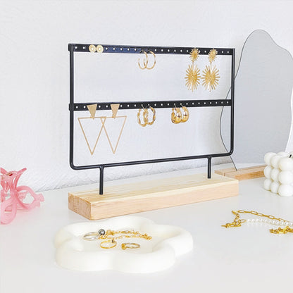 Porte boucles d'oreilles à 2 rangées en métal et bois