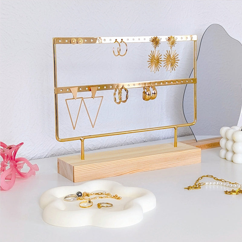 Porte boucles d'oreilles à 2 rangées en métal et bois