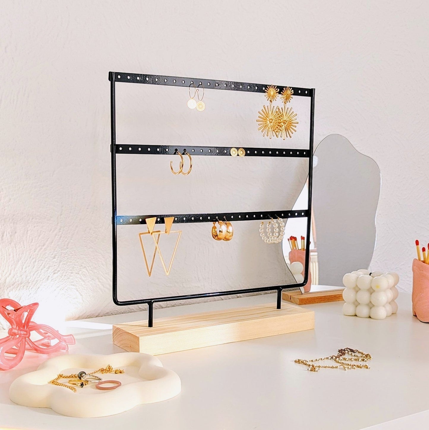 Porte-boucles d’oreilles à 3 rangées en métal et bois