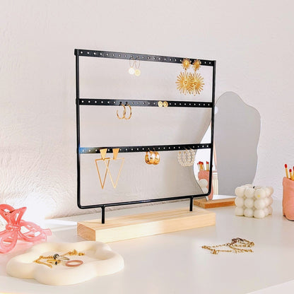 Porte-boucles d’oreilles à 3 rangées en métal et bois