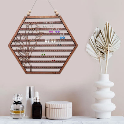 Porte-boucles d'oreilles hexagone fleuri en bois