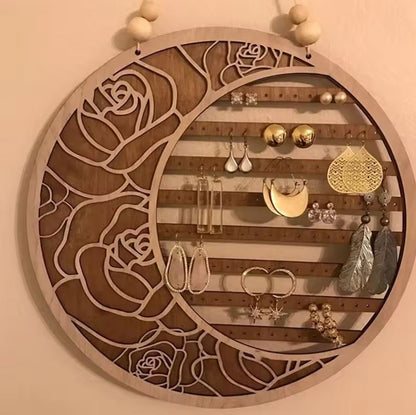Porte-boucles d'oreilles mural lune fleurie en bois
