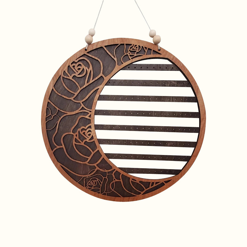 Porte-boucles d'oreilles mural lune fleurie en bois