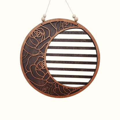 Porte-boucles d'oreilles mural lune fleurie en bois