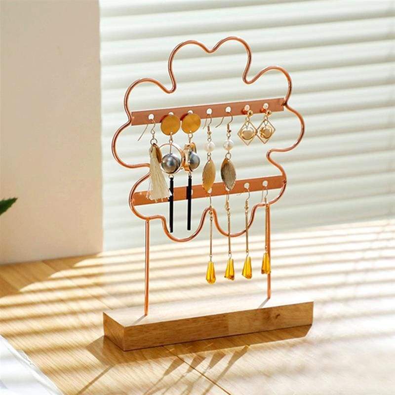 Porte-boucles d’oreilles trèfle en métal et bois