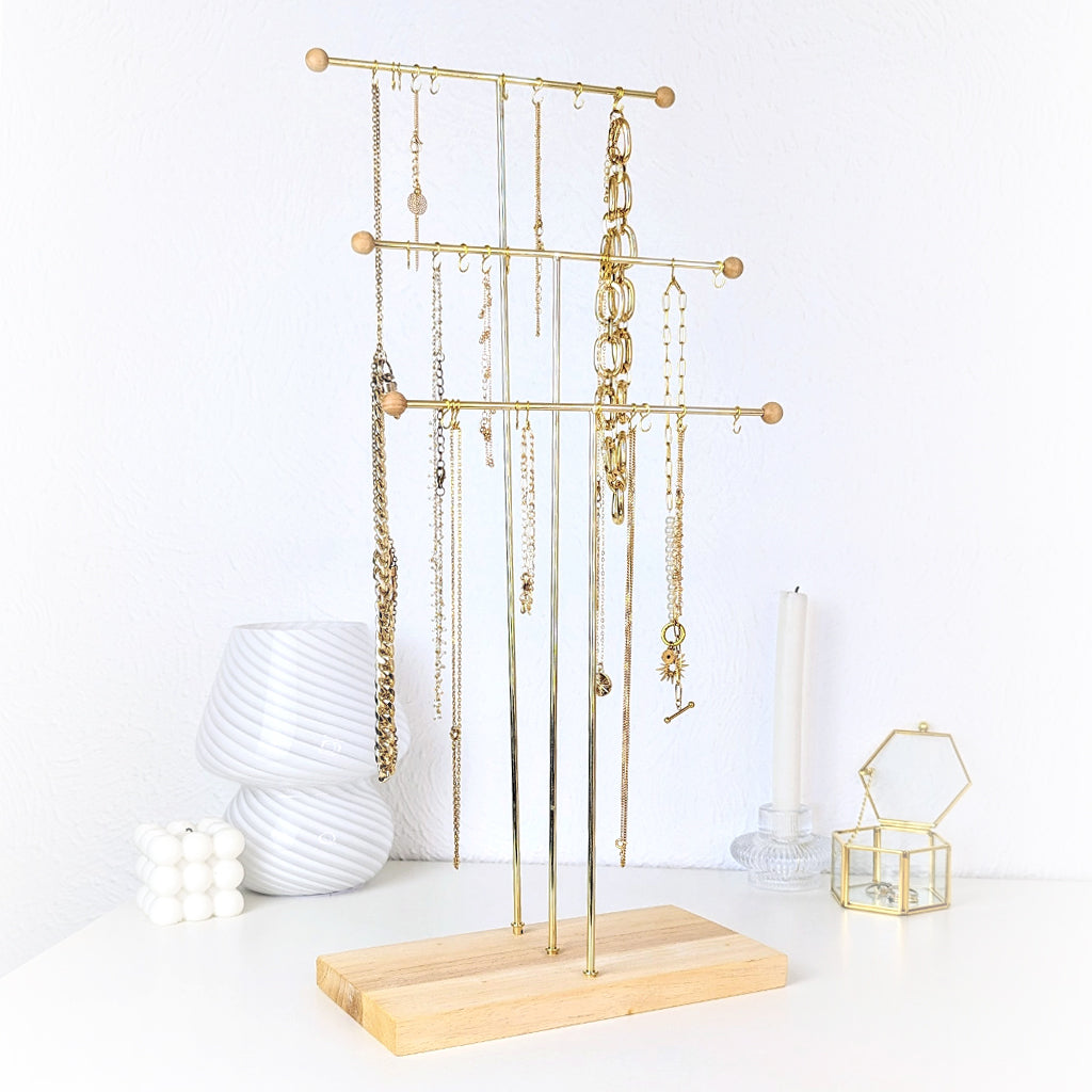 Grand présentoir à colliers 3 étages en bois et métal