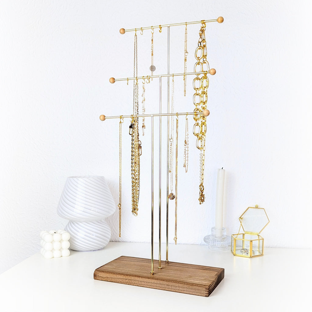 Grand présentoir à colliers 3 étages en bois et métal