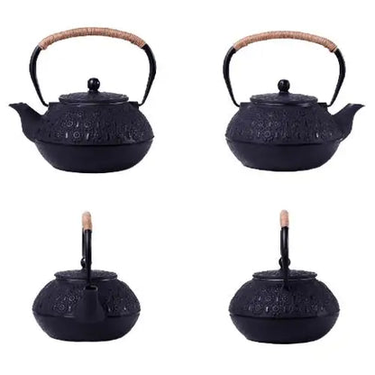 Théière en Fonte Japonaise Noire Gravures Fleurs