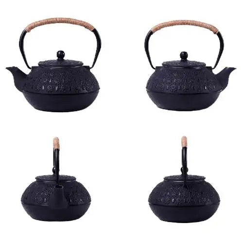 Théière en Fonte Japonaise Noire Gravures Fleurs