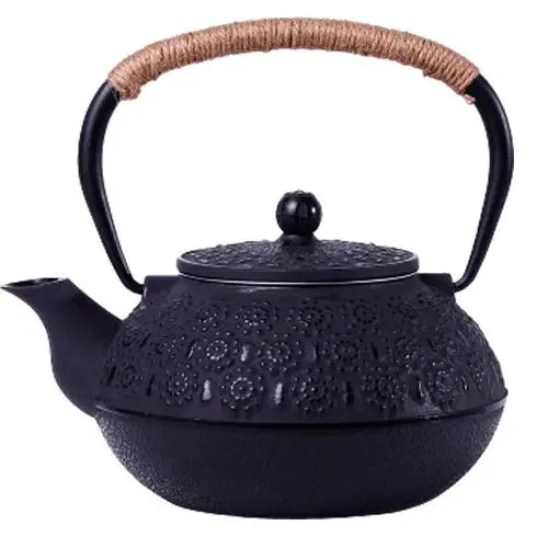 Théière en Fonte Japonaise Noire Gravures Fleurs
