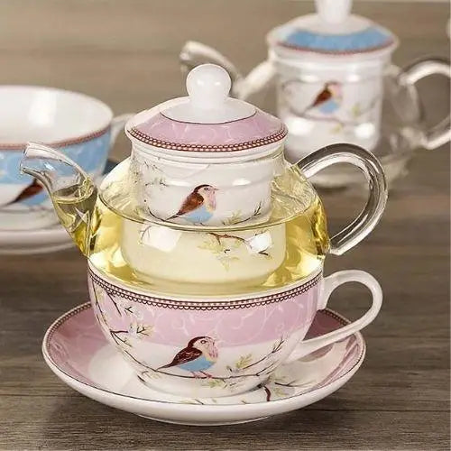 Théière Vintage en Verre avec Motif d'Oiseaux