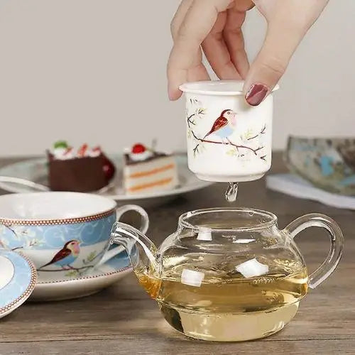 Théière Vintage en Verre avec Motif d'Oiseaux