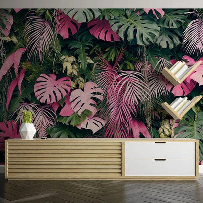 Trompe l'Oeil Mural au Design de Plantes Vertes et Roses