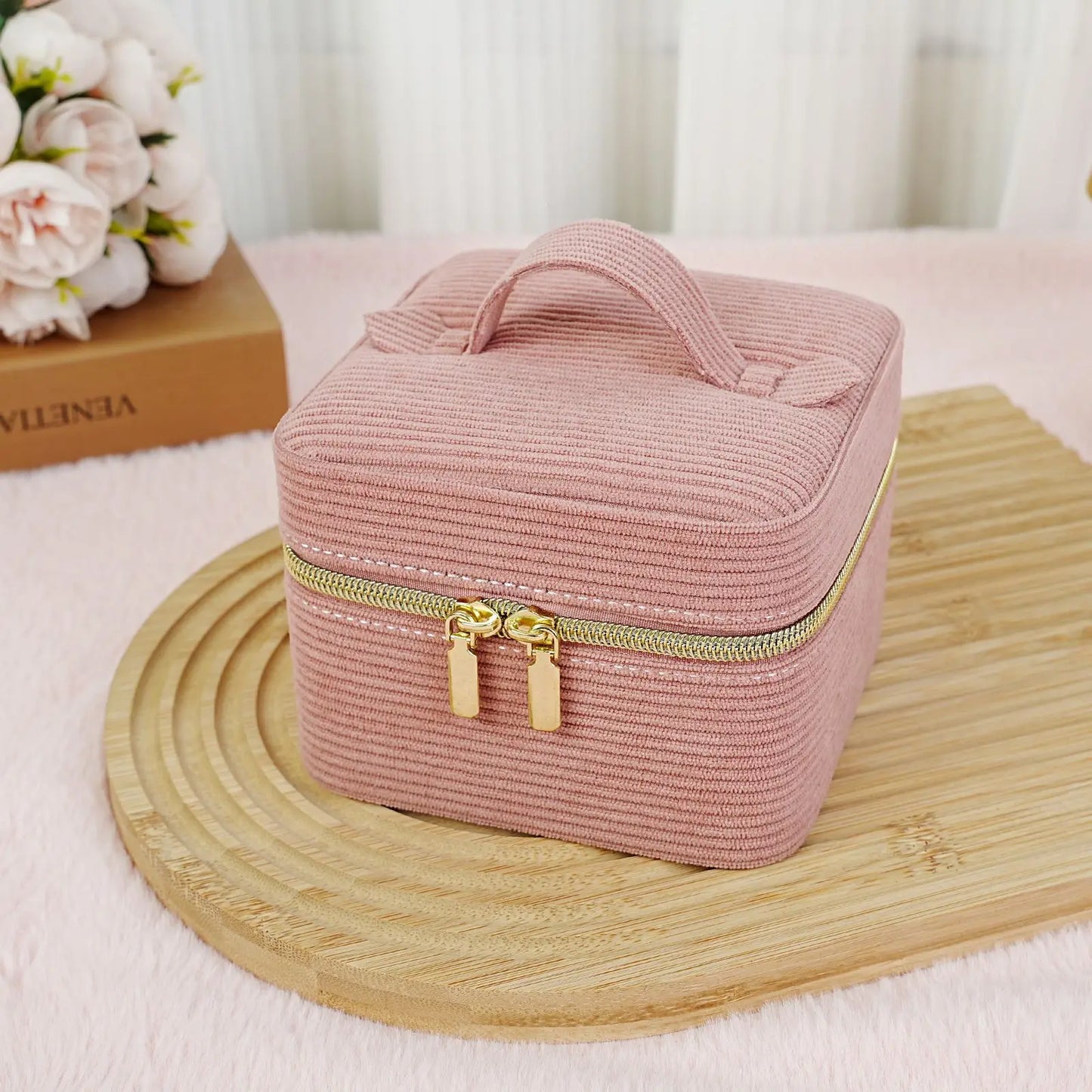 Trousse à bijoux de voyage en velours rose avec miroir