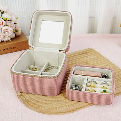 Trousse à bijoux de voyage en velours rose avec miroir