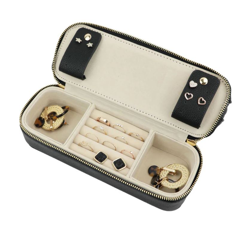 Trousse de maquillage et emplacements bijoux en cuir