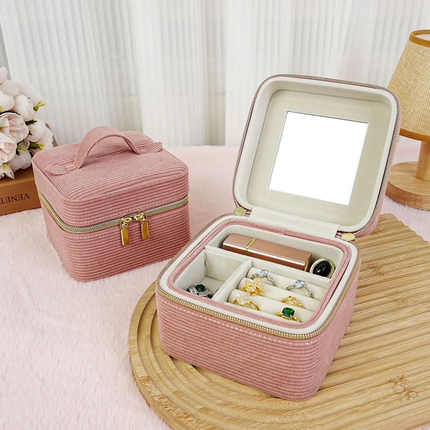 Trousse à bijoux de voyage en velours rose avec miroir